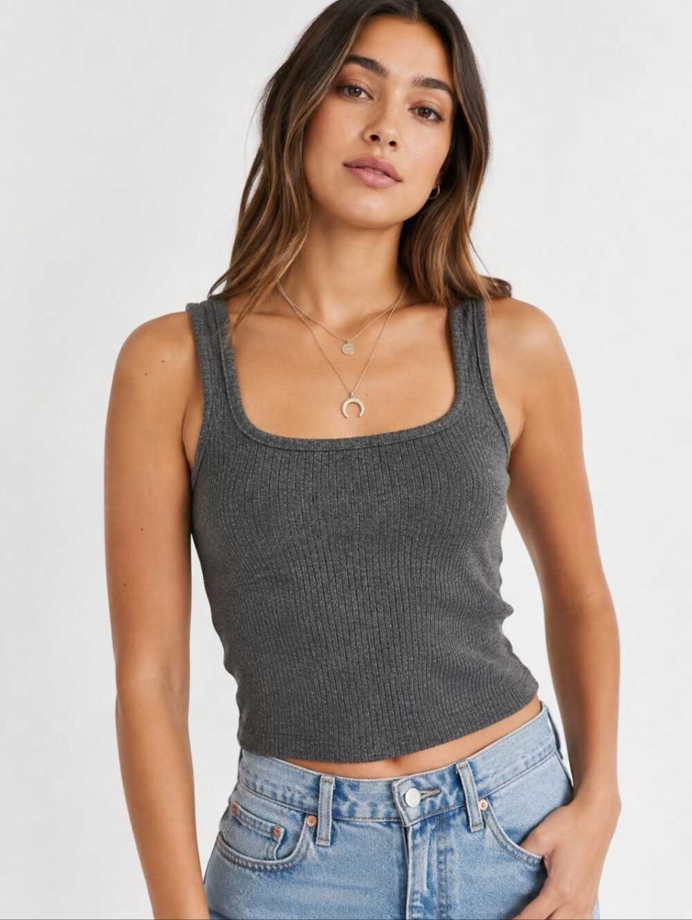 Destined Medium Gray Ribbed Square Neck Tank Top